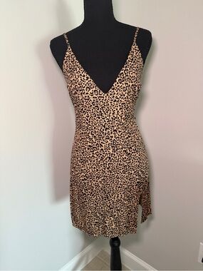 REFORMATION Leopard Print V-Neck Slip Dress - Tan/Black